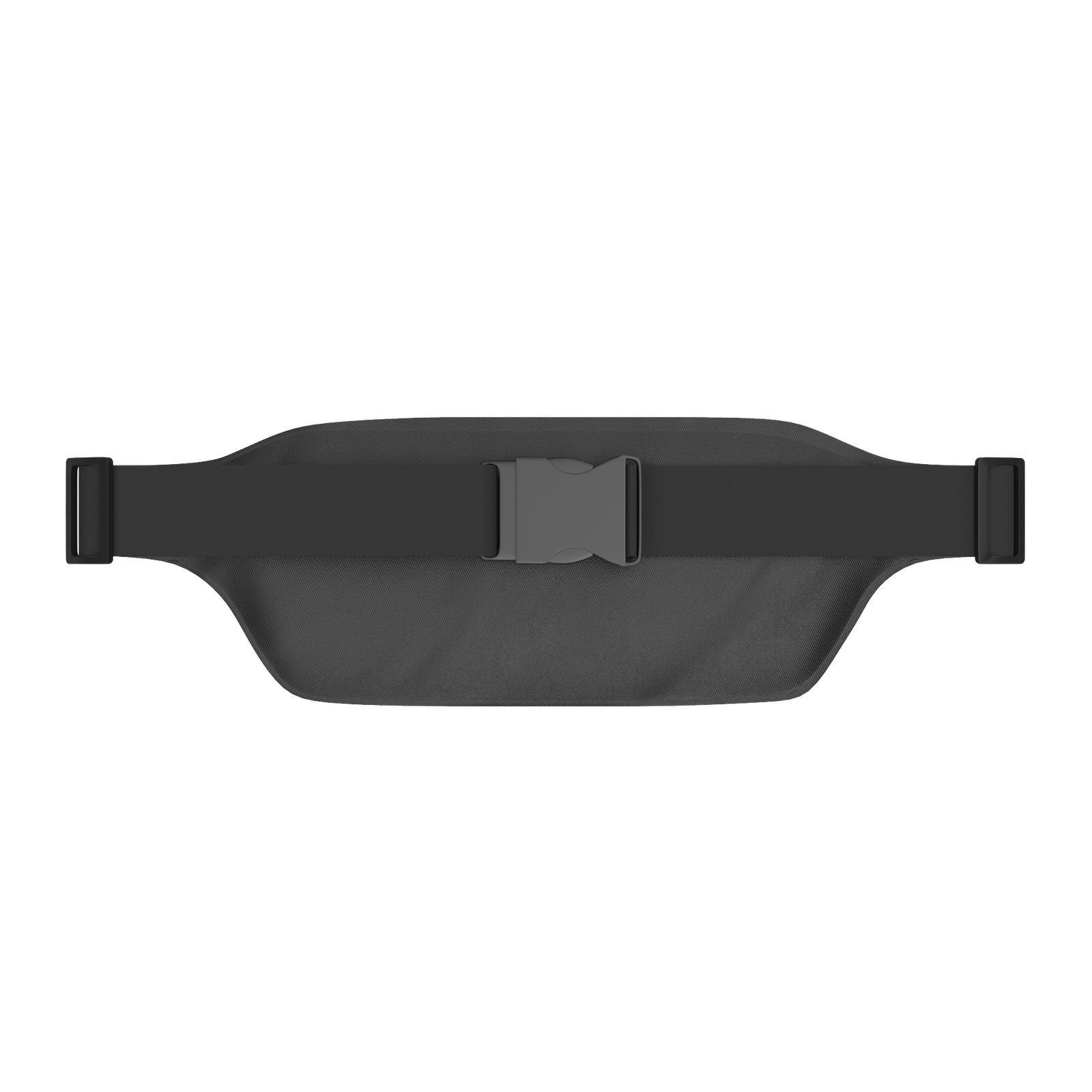 Black waist bag with an adjustable strap and a central buckle, designed for hands-free convenience and storage.