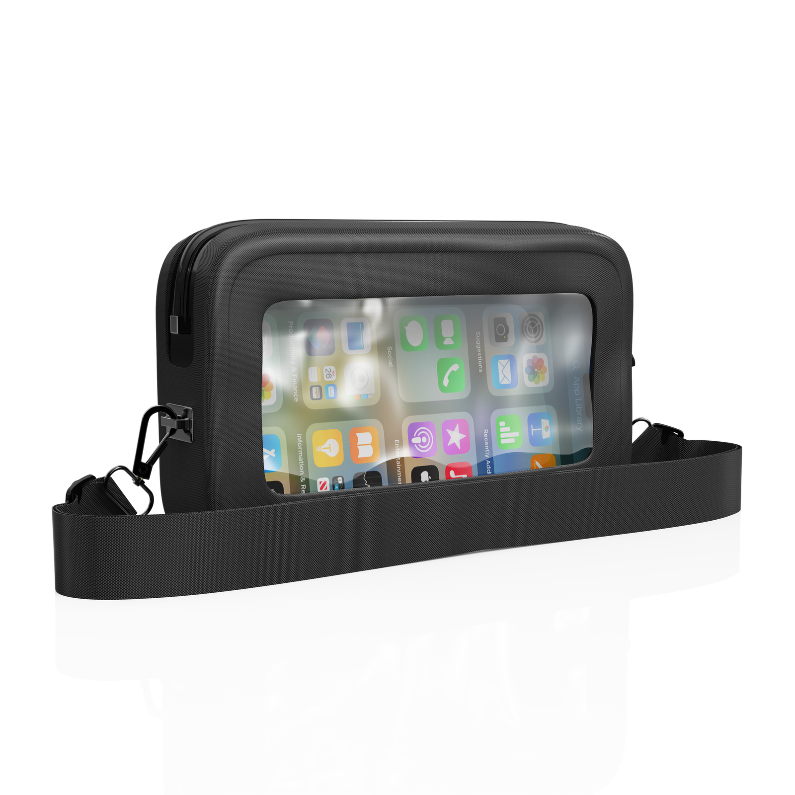 A sleek black protective phone case with a transparent front for display, featuring a shoulder strap and zip closure.