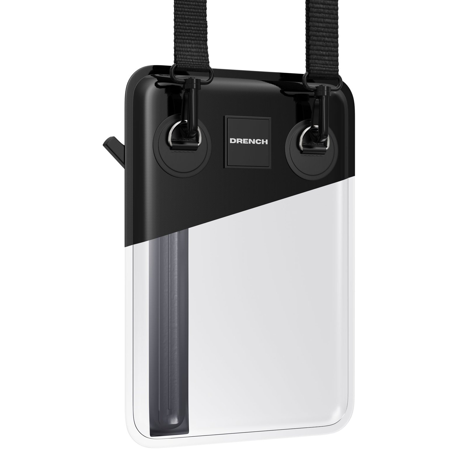 A sleek, black and clear waterproof phone pouch with adjustable straps, featuring the "DRENCH" logo on the front.