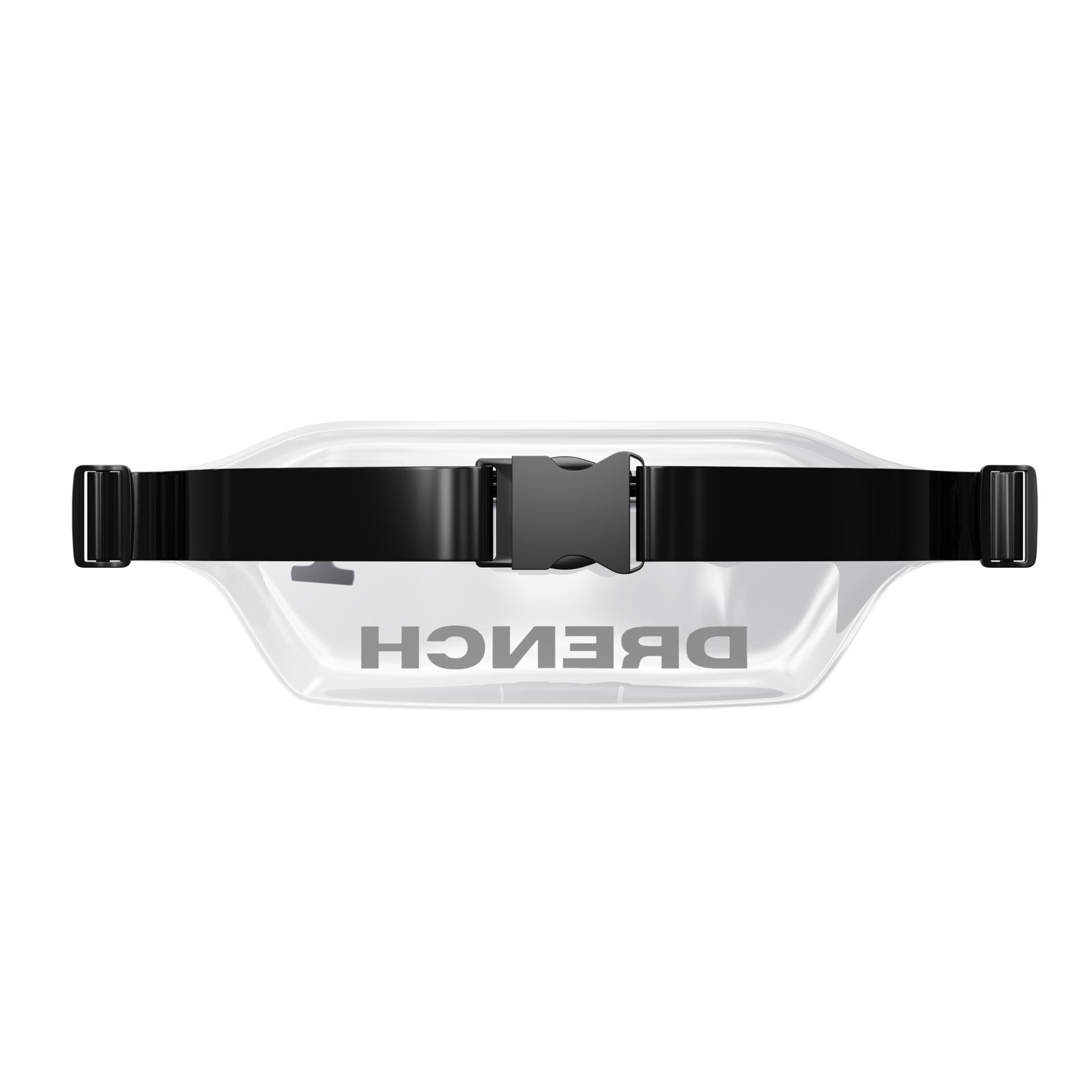 A top view of a transparent waterproof pouch with the word "DRENCH" printed on it, secured by a black adjustable strap.