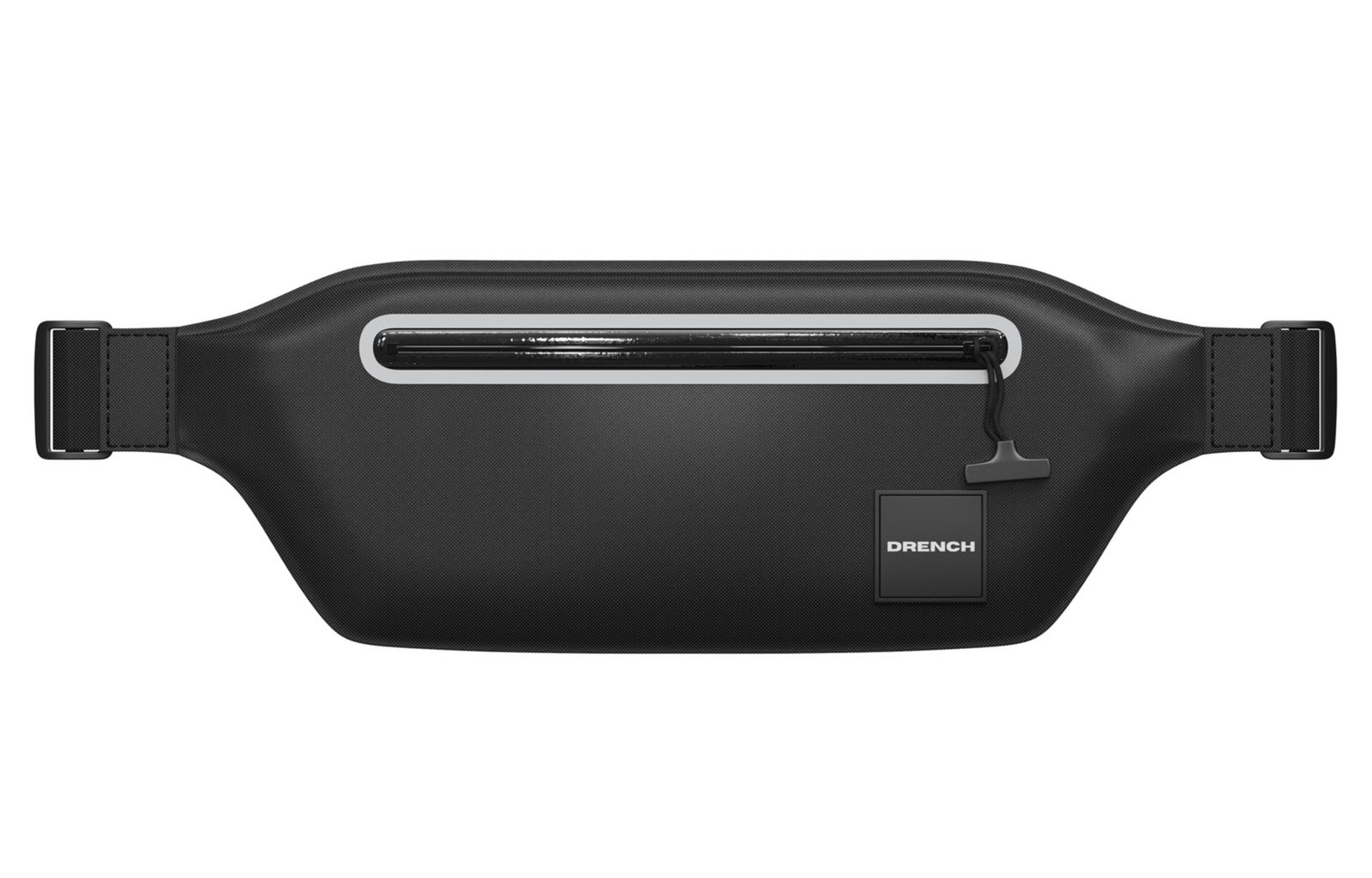 A sleek black fanny pack with a glossy zipper, featuring a "DRENCH" logo tag, designed for style and functionality.